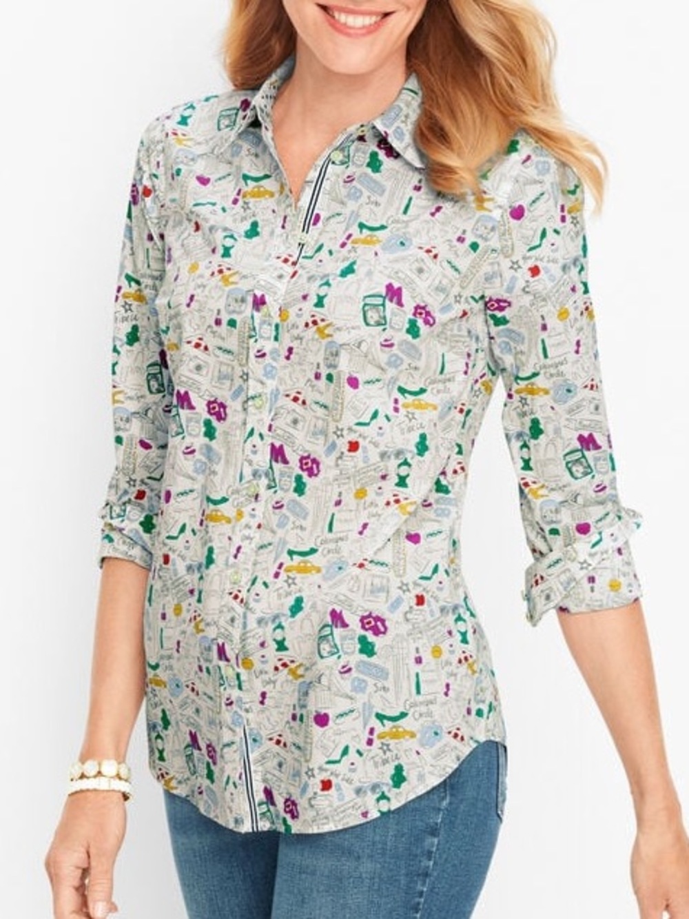 Talbots NYC Doodle Cotton Button Front Shirt New York City Novelty Print 1X P